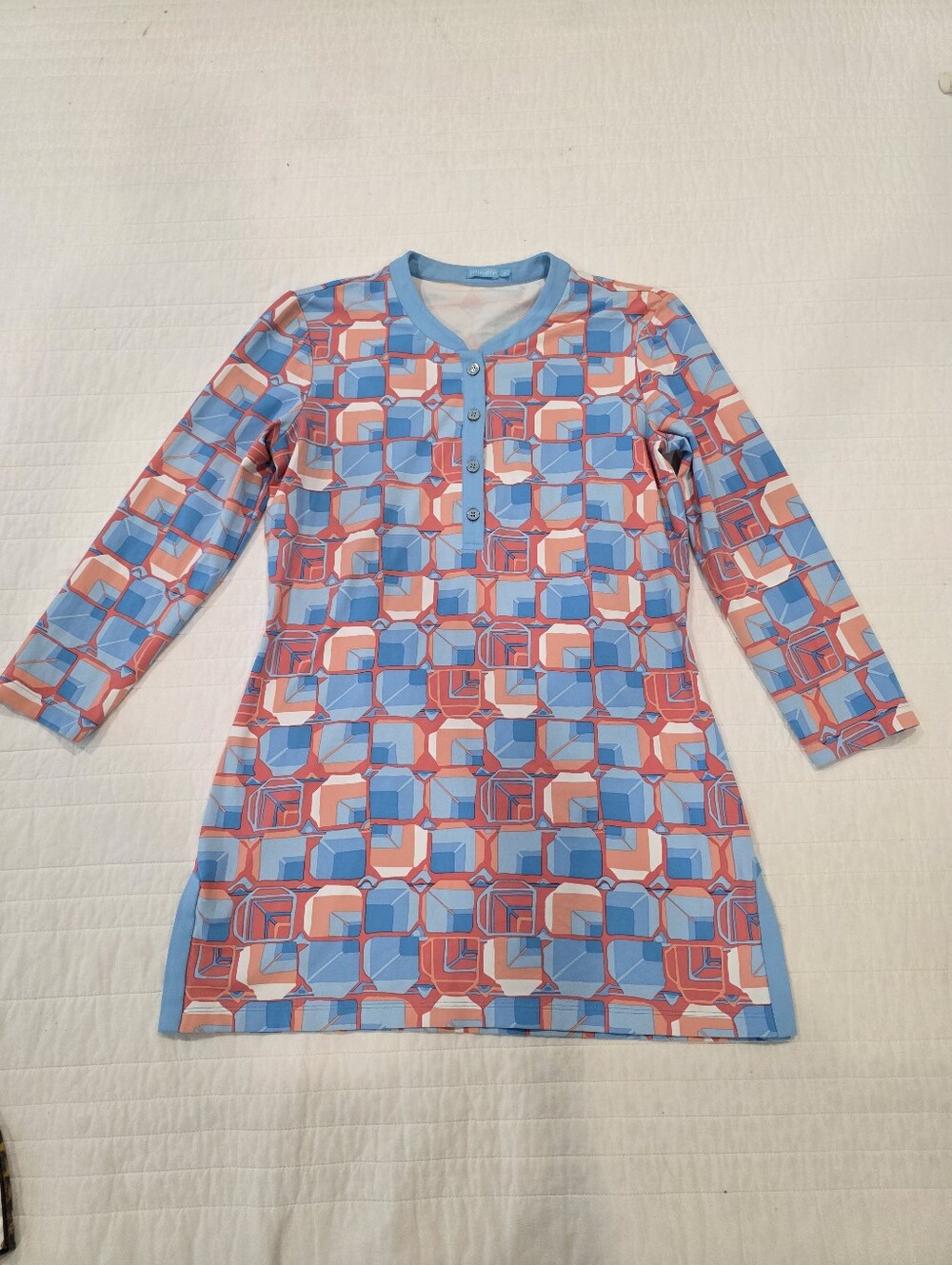 J McLaughlin Henley 3/4 Sleeve Geometric Tunic Pullover Top Size S Blue & Pink